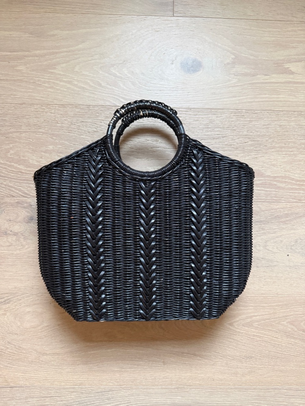 Ulla Johnson Black Woven Rattan Round-Handle Tote